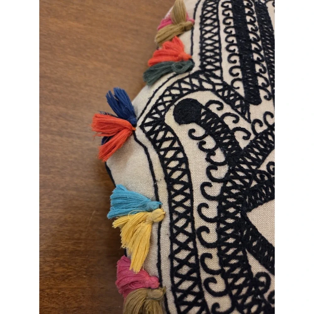 Hamsa‎ Open Palm Decorative Throw Pillow Boho Spiritual Embroidered Tassels
